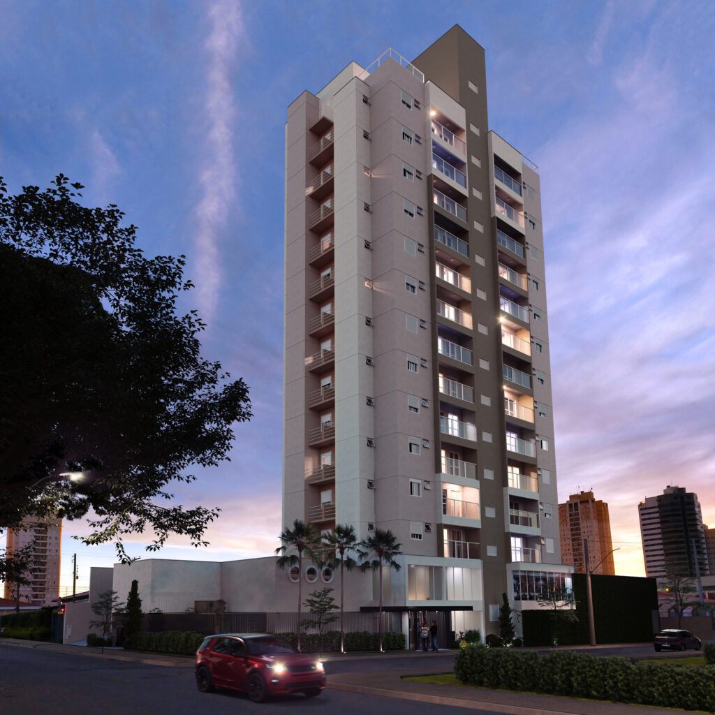 Fachada do Live in Downtowns ao entardecer com luzes dos apartamentos e carrros nas ruas