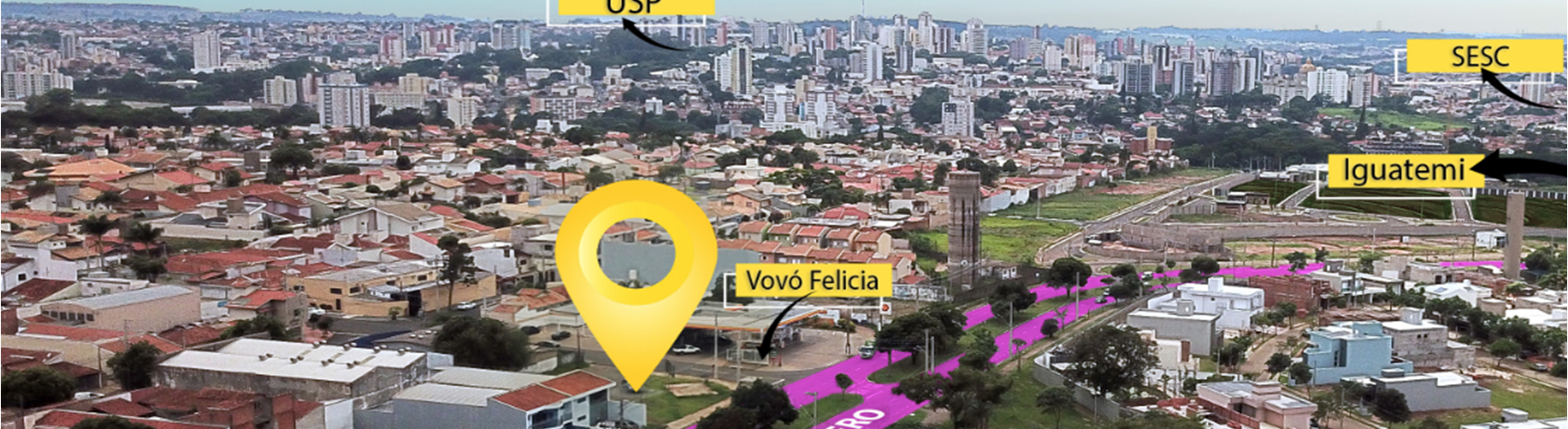 mapa aéreo com a parte sudoeste de São Carlos ao fundo, em primeiro plano a avenida Bruno Ruggiero na localização do @22