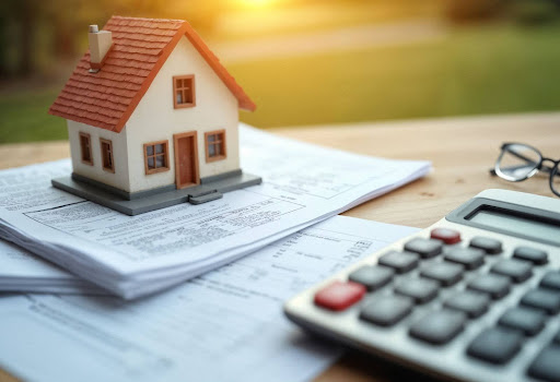 imagem de um objeto em formato de casa em cima de papeis ao fundo e uma calculadora à frente